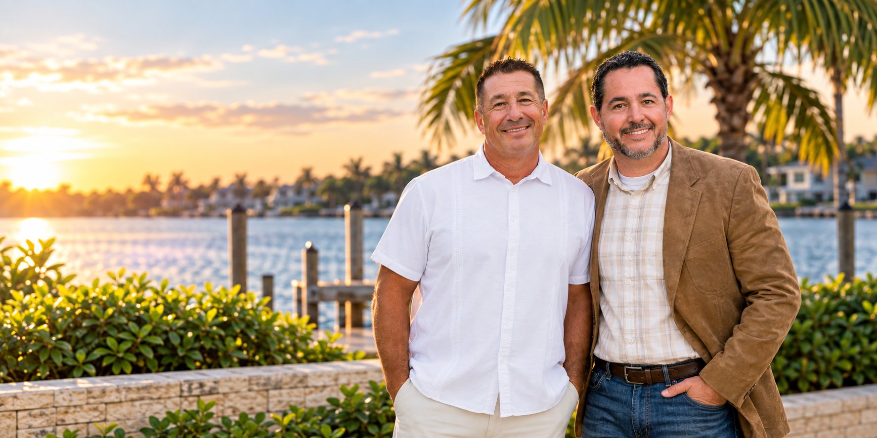 Fred Price and Tony Price on a Southwest Florida waterfront at sunset