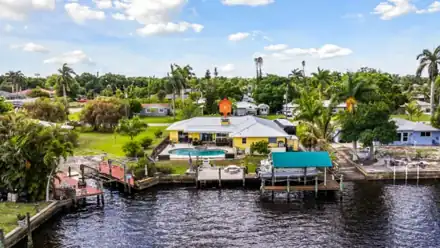 Aerial view of the canal leading from 147 Coral Drive toward the Caloosahatchee River