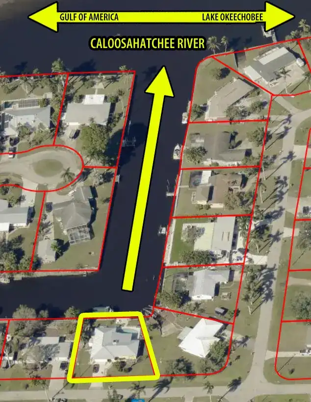 Aerial map showing the canal route from 147 Coral Drive to the Caloosahatchee River