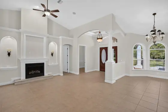 Living room with vaulted ceilings and gas fireplace